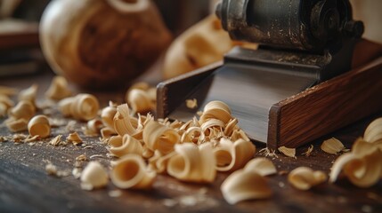 Woodworking: Close-up of Wood Shavings and Planer