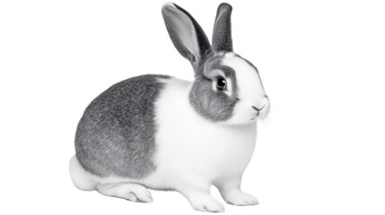 Grey and white rabbit sitting on transparent background