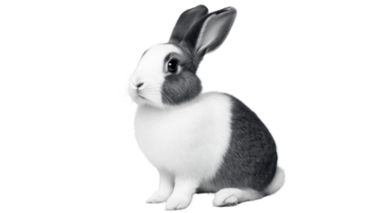 Cute grey and white rabbit sitting on transparent background