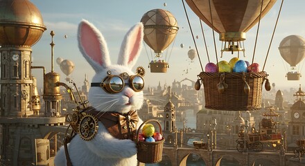 Steampunk Easter Bunny Delivering Eggs in Hot Air Balloons Over City