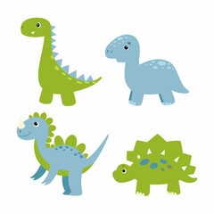 Collection of cartoon animal dinosaurs and plants in doodle style on white background
