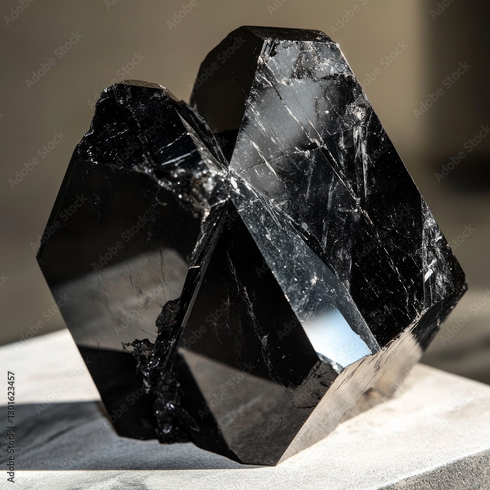 Poster a close-up of a stunning black crystal cluster displaying sharp edges and reflections on a neutral s