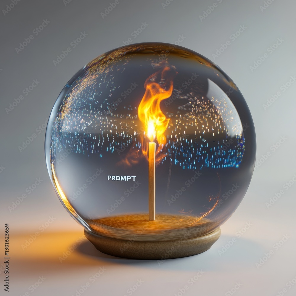 Poster a glowing candle within a glass sphere reflecting pixels, resting upon a wooden base, displaying the