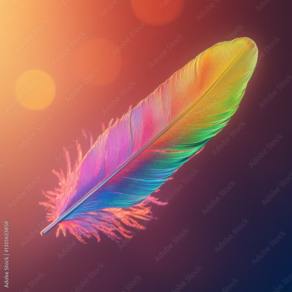 Poster a single multi-colored feather against a soft, glowing background, a study in texture and light