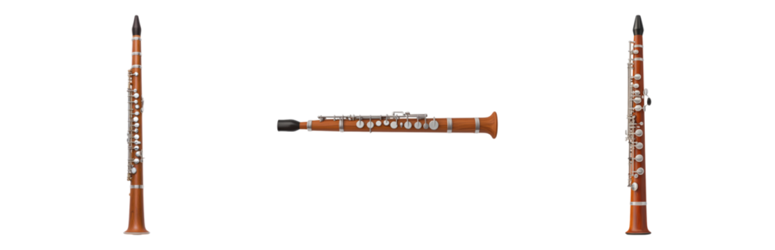 wooden clarinet displayed from three angles Isolated on transparent background