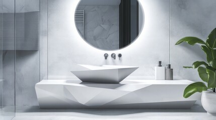 Modern geometric bathroom vanity with round mirror and plant