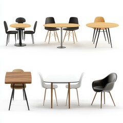 Collection of Modern Dining Sets: Round, Oval, and Square Tables with Matching Chairs on White Background