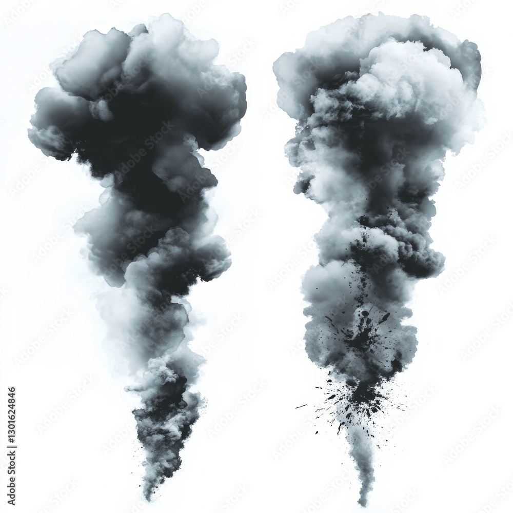 Poster dramatic smoke plumes on white: a visual study of abstract form and texture in monochrome tones.