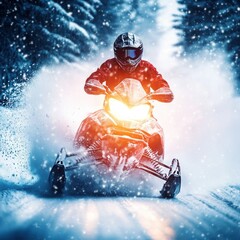 Winter snowmobile speeding through snowy forest