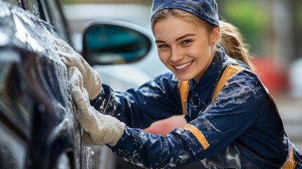 Obraz premium Young woman joyfully washing a car at a modern car wash on a sunny day