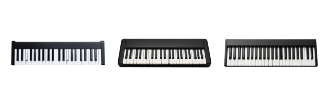 Three types of digital piano keyboards on display Isolated on transparent background