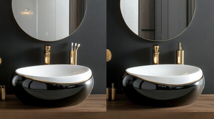 Modern black and gold bathroom sink, luxury interior