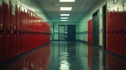 Empty school hallway with red lockers, ominous atmosphere