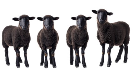 Four black sheep standing on transparent background