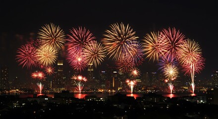 Obraz premium Watching Fireworks Exploding Over City Skyline at Night During Celebration