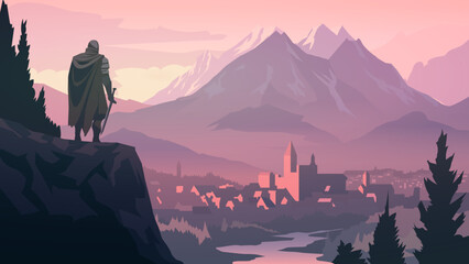 A knight standing near the city sunset in the mountains