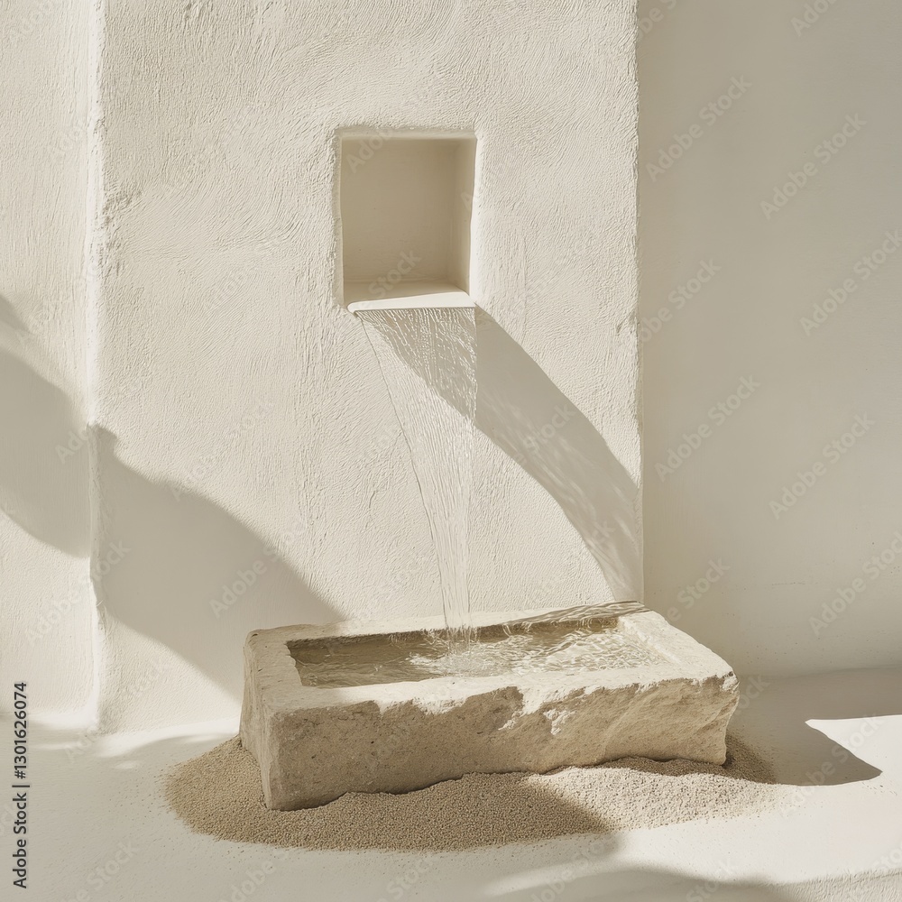 Poster minimalist water feature against white textured wall, natural light and shadows creating a tranquil 