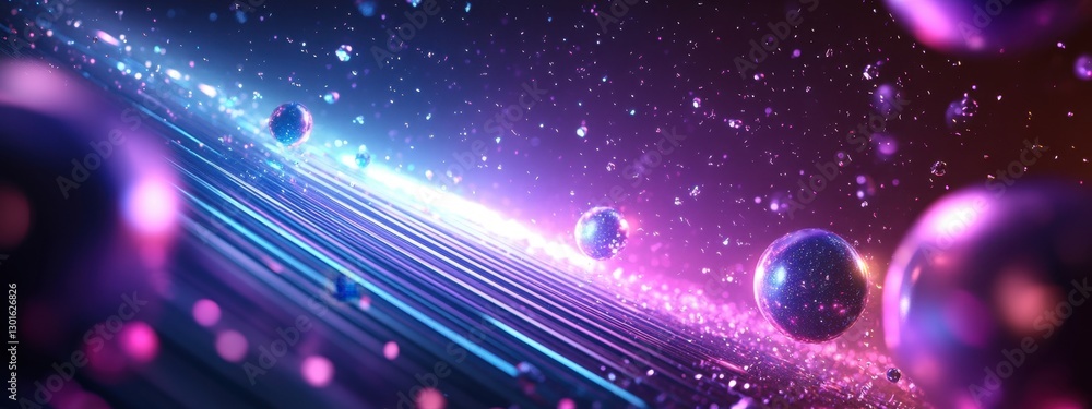 Poster a captivating abstract visual of floating spheres in a cosmic setting with vibrant colors and light 