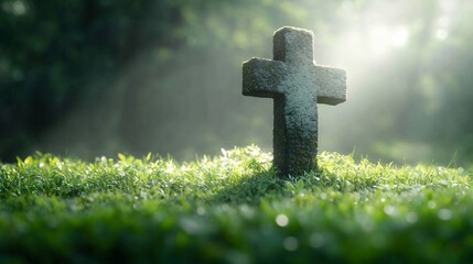 A tranquil scene of a weathered stone cross in lush green grass, ideal for St. Patrick's Day themes, reflecting peace, heritage, and contemplation.
