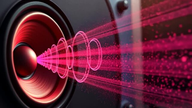 Sound waves visualization glowing pink speaker system audio frequency resonance conceptual hi-fi audio