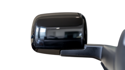 Close-up of black car side mirror reflecting showroom on transparent background
