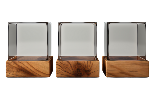 3D Wood Glass Cube Box Podium isolated on transparent background, PNG