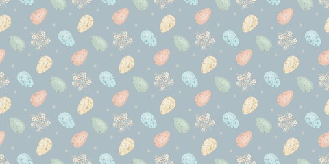 Pattern Easter seamless. Delicate, light flowers and colorful eggs on a blue background. For fabric, paper gift, textile, fashion design, home decor