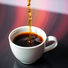 a porcelain white cup into which coffee is poured