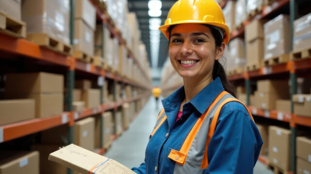 smiling female hispanic warehouse worker holding package in large industrial storage facility. logistics and supply chain. uniform, safety gear, business, efficiency. corporate brochure - Powered by Adobe