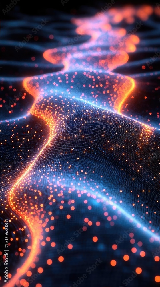 Poster vibrant abstract visual of flowing light patterns and glowing particles in a dark environment