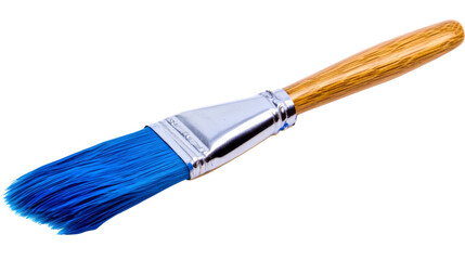 Blue paintbrush with wooden handle on transparent background