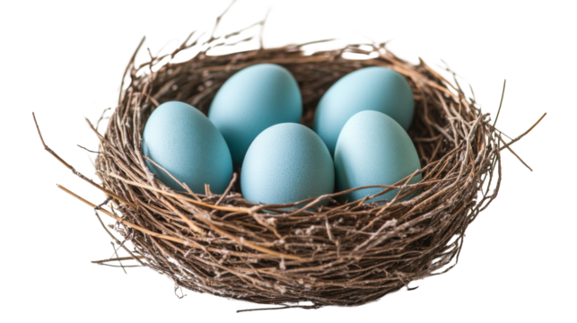 Five light blue easter eggs resting in bird nest on transparent background