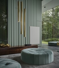 Modern Interior with Green Wall Panels and Stylish Lighting Fixtures