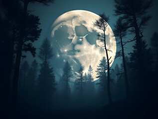 Naklejka premium Enchanted Nightscape: Majestic Moon Illuminating a Shadowy Forest with Towering Trees and Ethereal Silhouettes Under a Starry Sky