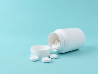 Close-up of a white pill bottle, cap off, pills spilling onto a soft blue backdrop, representing medicine.