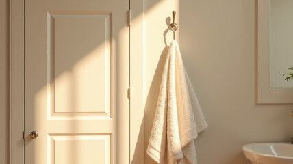 A towel hanging on a hook near the door