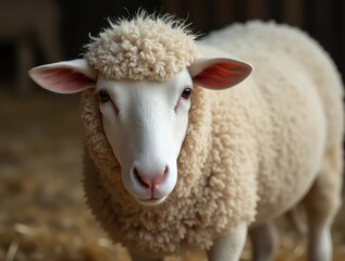 Obraz premium Close-up of a white Qurbani sheep with thick wool on straw, soft barn backdrop, symbolizing cultural tradition.