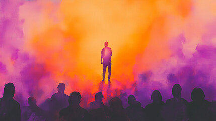 Watercolor Illustration of Silhouette Performer on Stage with Vibrant Purple and Orange Background