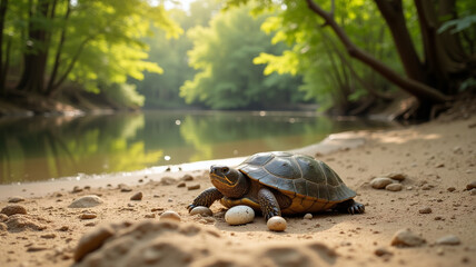 A turtle lays eggs on a sandy riverbank under the sun
