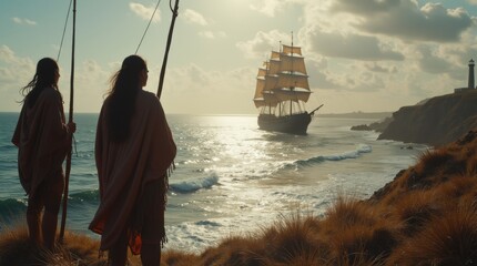 Native Americans watch as European ships approach their shores in 1492, marking a significant moment of cultural encounter and change in history. Tension fills the air as they stand vigilant