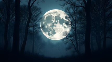 Naklejka premium Enchanted Nightscape: Majestic Moon Illuminating a Shadowy Forest with Towering Trees and Ethereal Silhouettes Under a Starry Sky