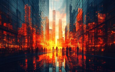 Obraz premium City Sunrise, Crowded Street, Urban Scene