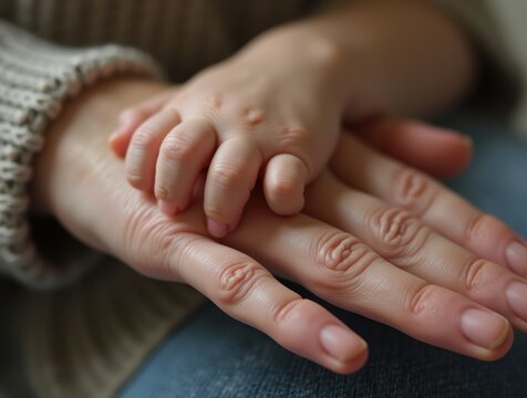A baby’s tiny hand grasping an elderly grandparent's finger, close-up of the contrast between soft and wrinkled skin, capturing a touching moment of generational connection.