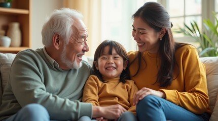 Three generations of an Asian family sitting together on a couch, smiling, enjoying a warm and joyful family moment in a cozy living room.