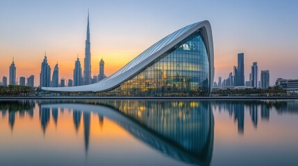 Naklejka premium Dubai modern architecture reflection sunrise city skyline