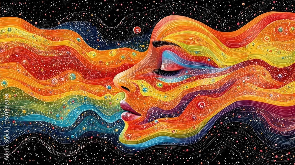 Poster abstract representation of a colorful face with flowing patterns against a cosmic background