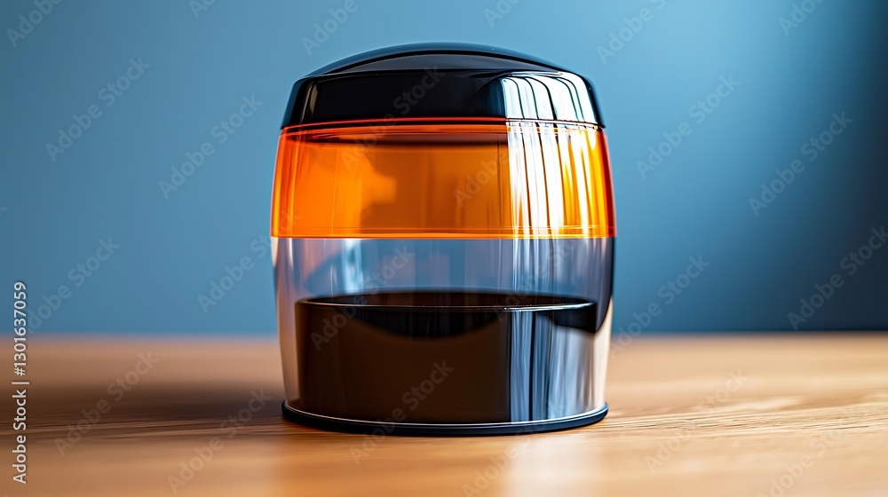 Poster clear jar with orange and black sections on a wooden surface with a blue background