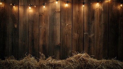 Rustic wooden wall and warm string lights with straw in farmhouse setting