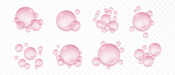 Transparent pink serum droplet with light reflections. Collagen skincare essence. Floating pink essence drops