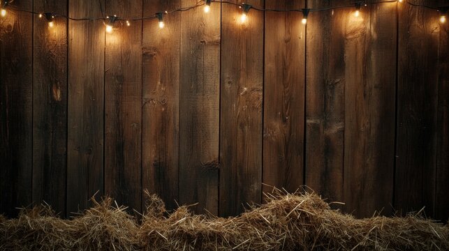 Rustic wooden wall and warm string lights with straw in farmhouse setting